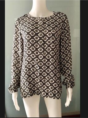 Tory Burch Black and White Geometric Long-Sleeve Blouse